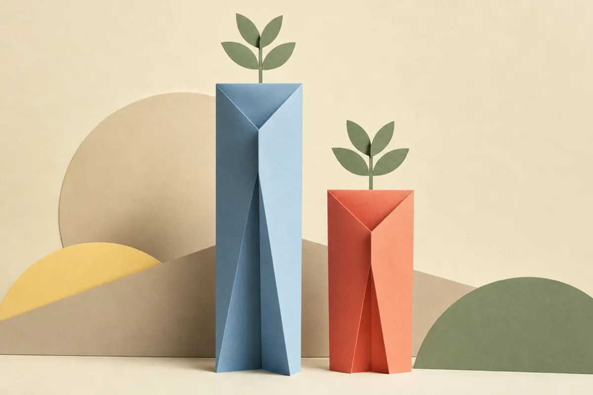 Zwei Papier-Türme unterschiedlicher Höhe, auf beiden wächst ein gleich großes Papierpflänzchen