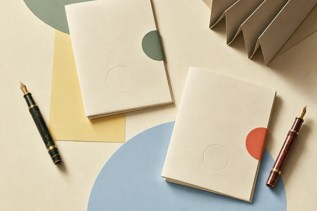 Zwei Füllfederhalter und zwei gefaltete Dokumente auf warmem Papiergrund im minimalistischen Editorial-Stil