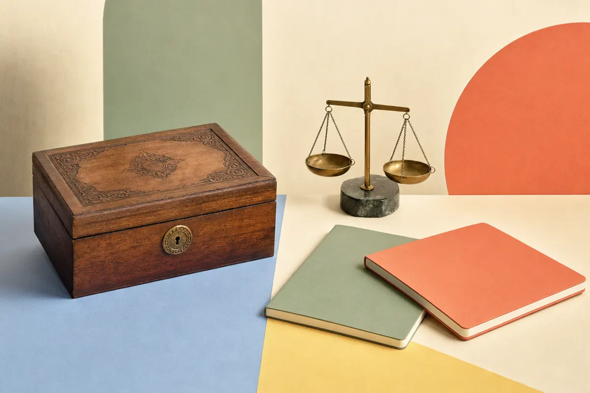 Eine antike Schatulle und zwei Notizhefte in Koralle und Salbeigrün neben einer Messingwaage im minimalistischen Editorial-Stil