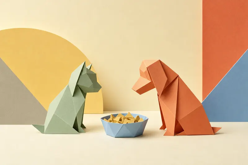 Zwei gefaltete Papier-Tiere, eine Katze und ein Hund, vor einer gemeinsamen Futterschale