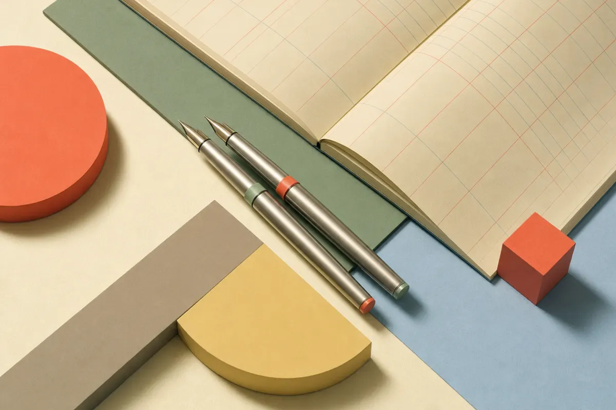 Zwei Metallfüllfederhalter neben einem aufgeschlagenen Buch auf warmem Papiergrund im minimalistischen Editorial-Stil