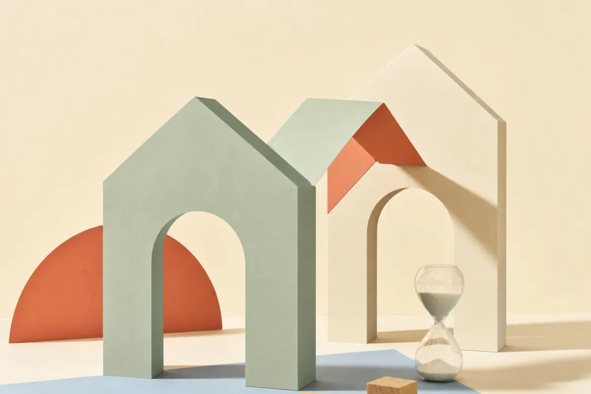 Zwei stilisierte Papierbögen zweier Generationen auf warmem Papiergrund im minimalistischen Editorial-Stil