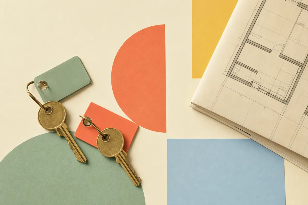Zwei Hausschlüssel und ein gefalteter Grundrissplan auf einem Tisch im minimalistischen Editorial-Stil