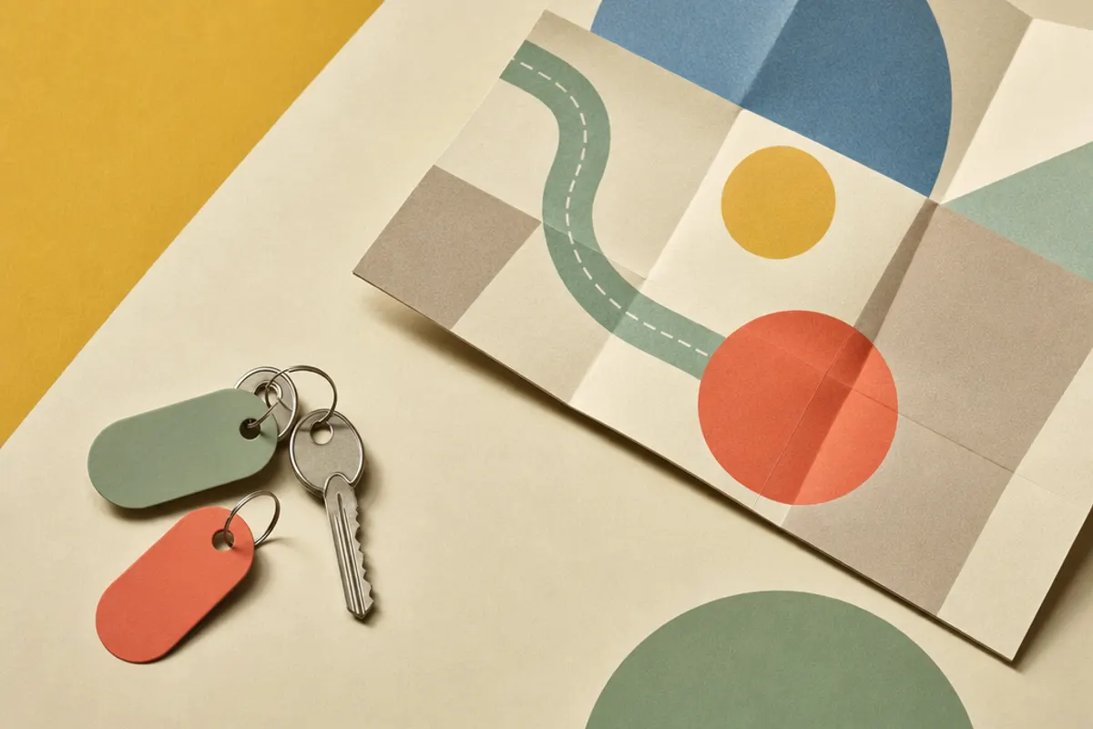 Zwei Autoschlüssel mit Anhängern auf einer stilisierten Straßenkarte im minimalistischen Editorial-Stil