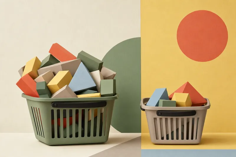 Ein Wocheneinkauf als geometrische Flächen angeordnet, zwei Personen teilen sich die Farbfelder