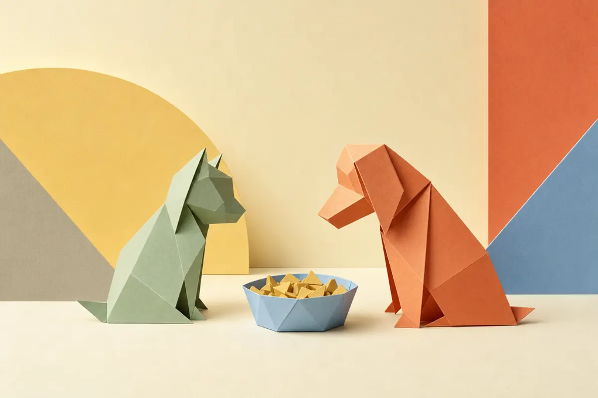 Zwei gefaltete Papier-Tiere, eine Katze und ein Hund, vor einer gemeinsamen Futterschale