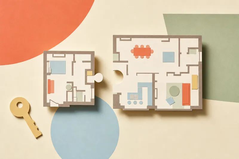 Zwei architektonische Grundrisse, die sich zu einem gemeinsamen Raum verbinden