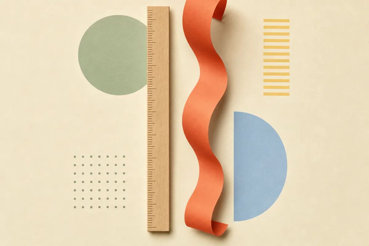 Ein Holzlineal und ein geschwungenes Papierband auf warmem Papiergrund im minimalistischen Editorial-Stil